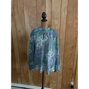 Counterparts Womens Blue Green Paisley Patchwork Blouse Keyhole Neck L